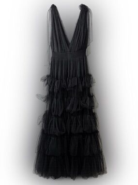 NOVA LUXE Black Beaded Tulle Tiered Ruffle Maxi Gown Dress XL